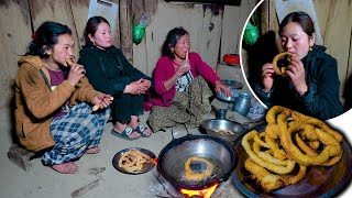 Selroti Recipe making and eating in the village kitchen | Nepalese traditional round bread mukbang