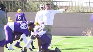 LSU head coach Ed Orgeron works with defensive line at Fiesta Bowl practice