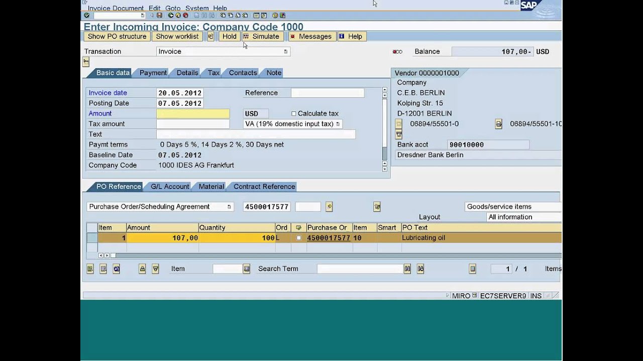 po account assignment category sap table