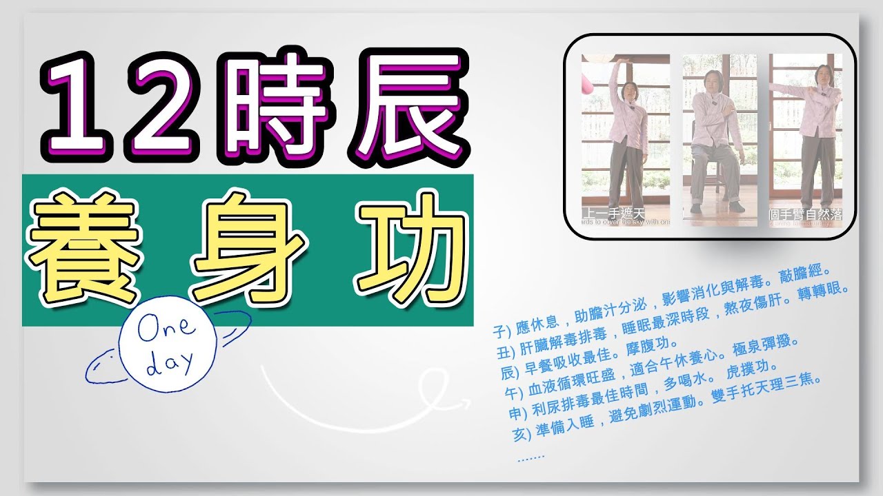 養身功順應12時辰，12招全身經絡通通通。#運動#12時辰 #心#肝#脾#肺#腎#膽#小腸#胃#大腸#膀胱#三焦#運動#12時辰#徒手養身 #按摩 #養生功 縮圖