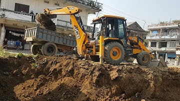 JCB Machine Cutting Mud and Loading in Tractor - JCB Digging Field For Home Foundation Construction
