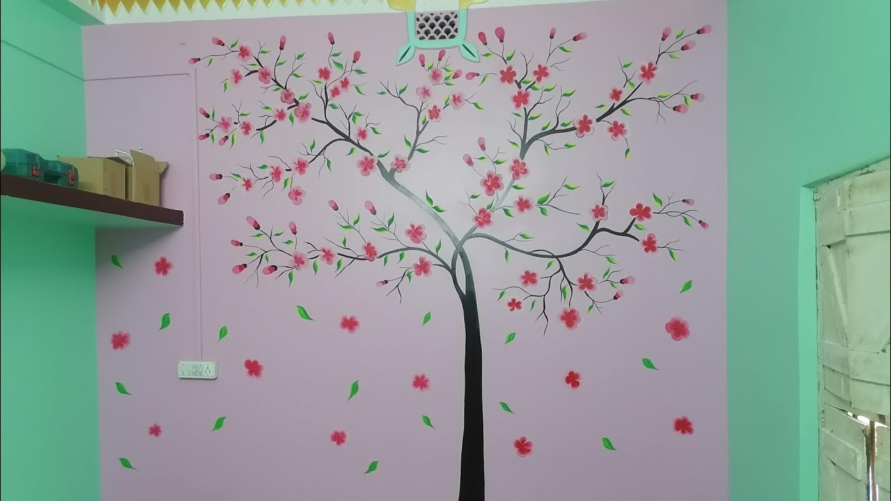 Beautiful tree wall painting || Beautiful tree wall art with using acrilyc colour🎨🎨 ||