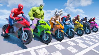 Super Motorcycles Spiderman Ramp Challenge with Superheroes - Down a Bumpy Road