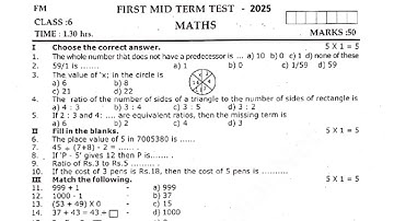 6th Maths 1st Mid Term Question paper 2025 | 6th Standard Maths First Mid Term Question paper 2025