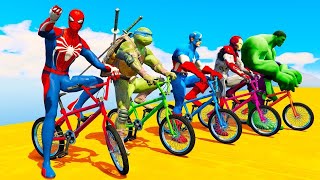Team Avengers VS Justice League EXTREME Racing Super Motorcycles Bus Challenge on Rampa - GTA V mods