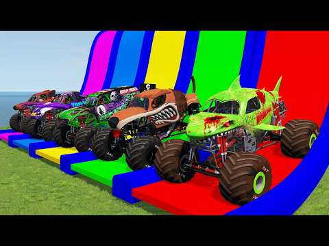 5 MONSTER TRUCKS vs GIANT COLOR WATER SLIDE #027 in BeamNG.Drive