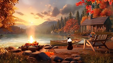 COZY FALL MORNING: Peaceful lakeshore in Beauttiful Autumn Days, First Birdsong Forest for Relax