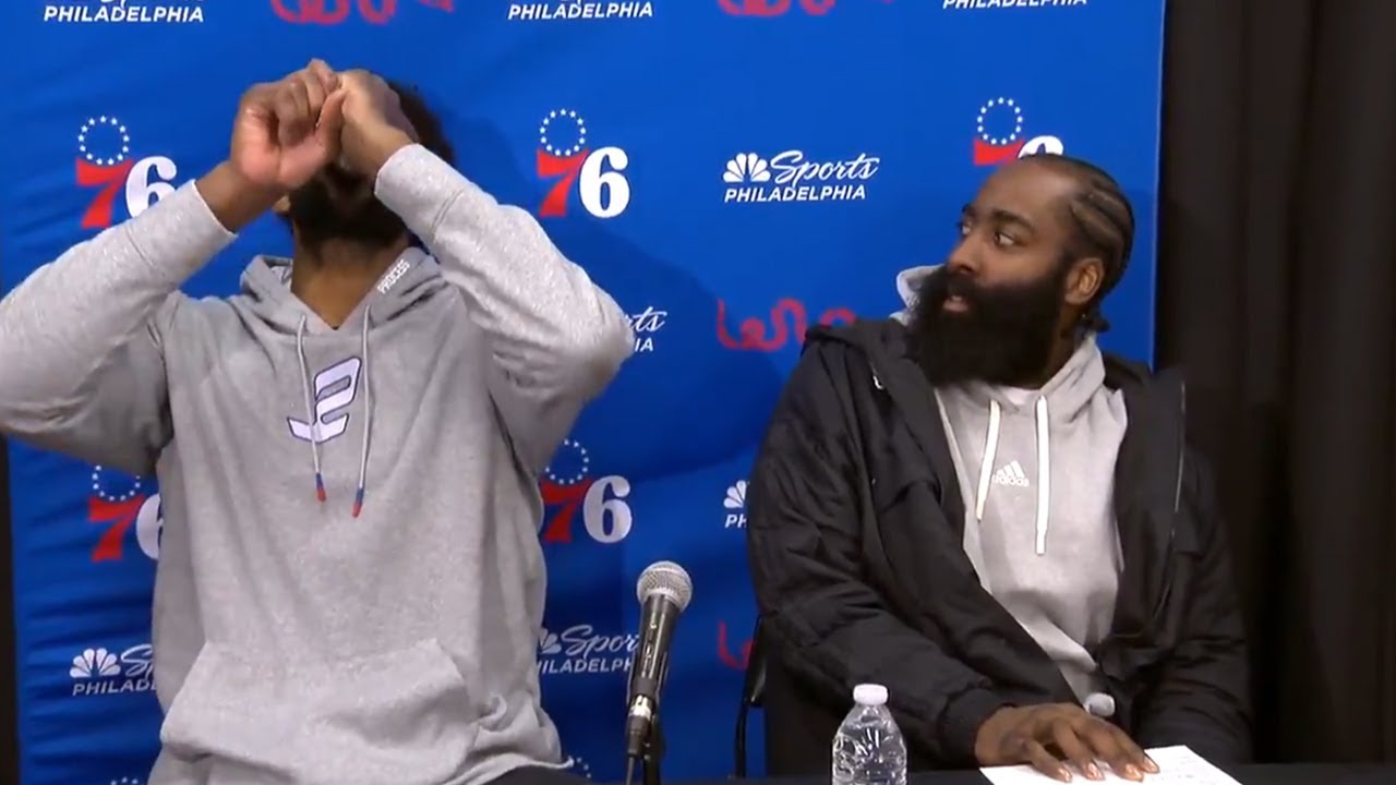James Harden could only stare at Embiid chugging and crushing this water bottle
