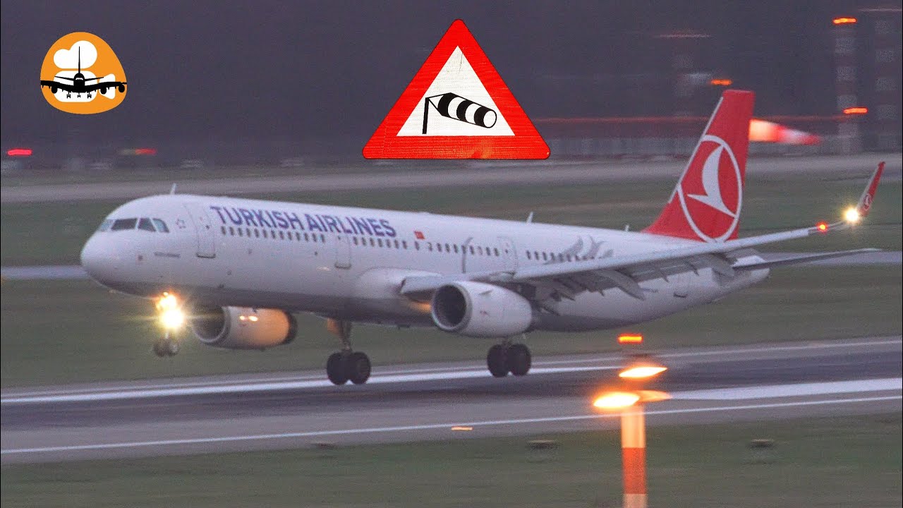 Sturm Antonia zum Ende mit 90 km/h Crosswind-Böen und 5 x Durchstarten am Flughafen Düsseldorf 4K