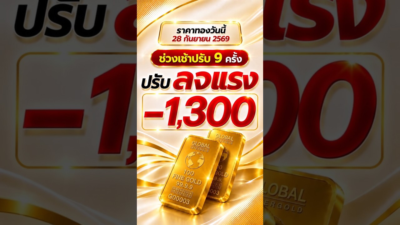 ราคาทองวันนี้ 28 กันยายน 2569 ล่าสุด!  ประกาศครั้งที่ 9 ทองปรับลงแรง -1,300 บาท 💛💛💛