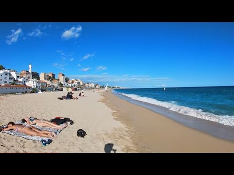 Barcelona Beach Walking Tour at Montgat Mar, Spain 4K
