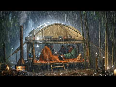 CAMPING IN HEAVY RAIN AND LIGHTNING THUNDER  STRUGGLE TO BUILD A BAMBOO SHELTER WITH A CAT