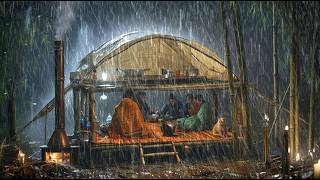 CAMPING IN HEAVY RAIN AND LIGHTNING THUNDER  STRUGGLE TO BUILD A BAMBOO SHELTER WITH A CAT
