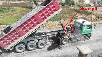 OMG!! Scary Moment Dump Truck Action in New Road Construction Motor Grader Pave Skills — Safety