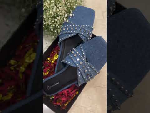 Flat Denim Slider Sandals Criss Cross Straps Studded Design Square Toe Fashion Imperfecto