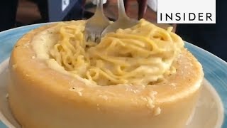 Pasta Served Inside a Cheese Wheel