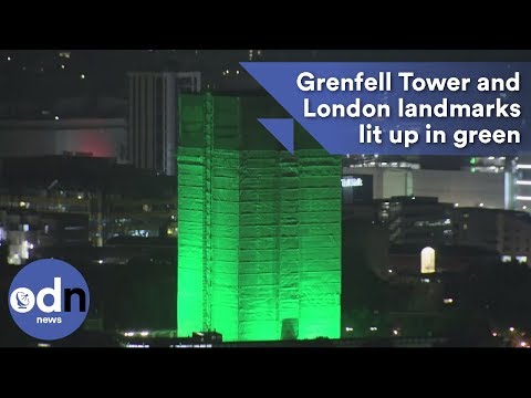 Grenfell Tower and London landmarks lit up in green