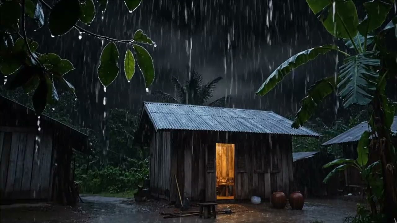 Autumn Night Rain in a Wooden Hut 🍁 | Howling Wind & Gentle Thunder for Deep Sleep