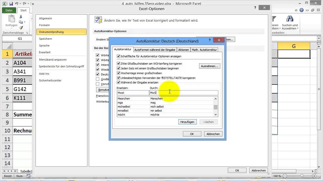 Excel 2010 Aufbau Part 36 Autokorrektur-Eintrag festlegen - YouTube