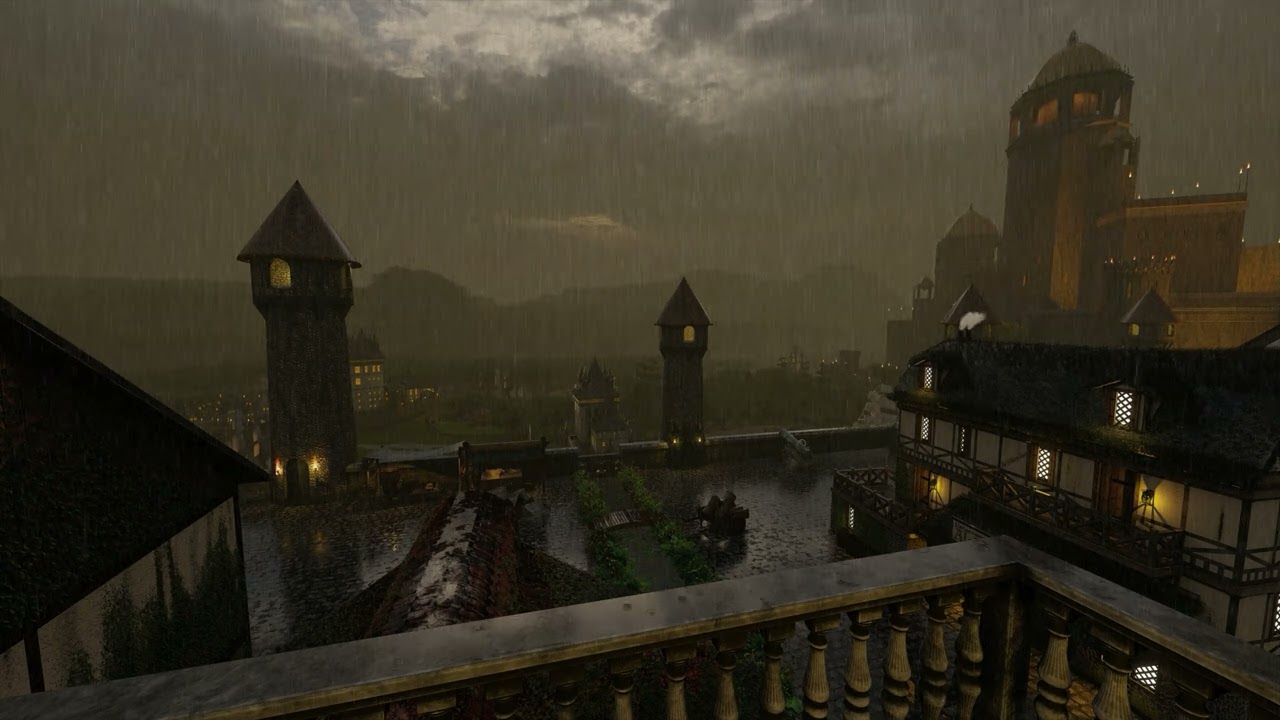Medieval Castle & City at Night Rain & Thunderstorm Sound - Horse sounds
