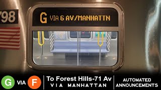 ᴴᴰ R160 G train via 6 Av / Manhattan - F line To Forest Hills 71 Avenue Announcements