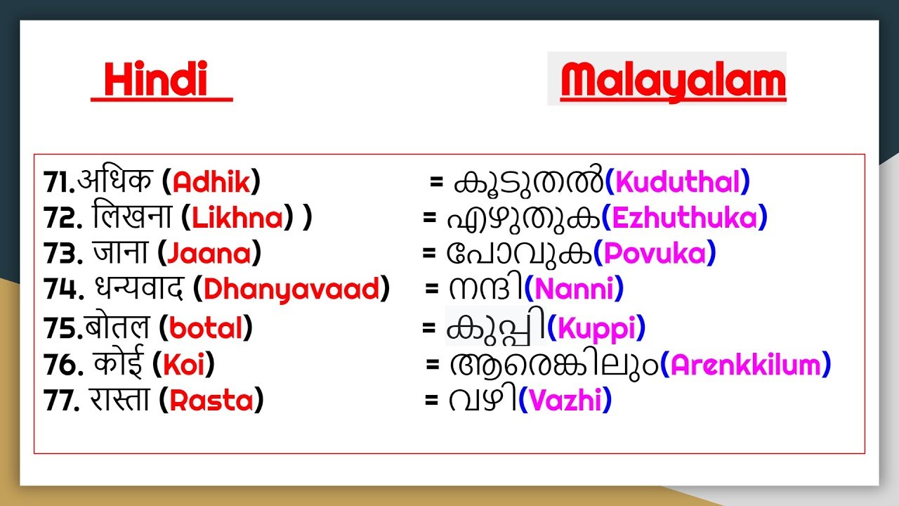 100 Useful Words in Hindi and Malayalam