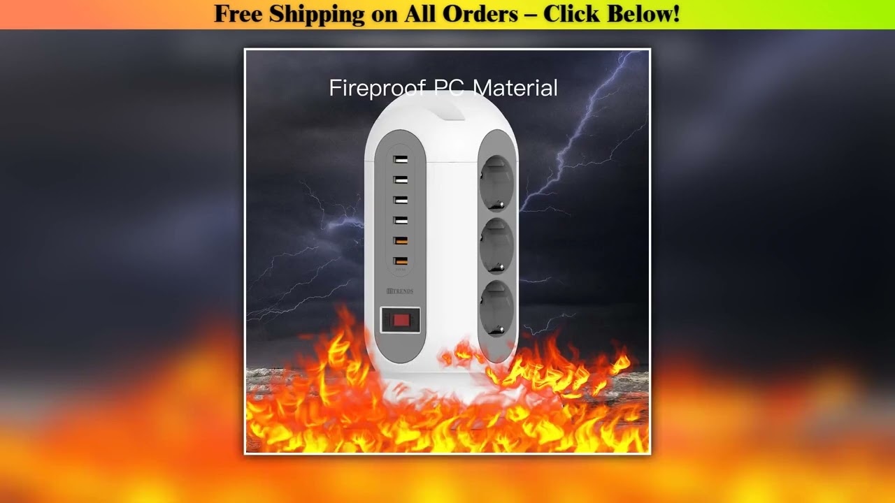 9 way Multiple Socket Power Strip with 6 USB Vertical EU Outlets Tower Socket with 1.8M Extension