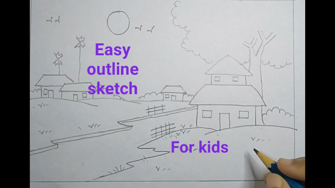 How to draw outline sketch of a scenery step by step for kids ll by