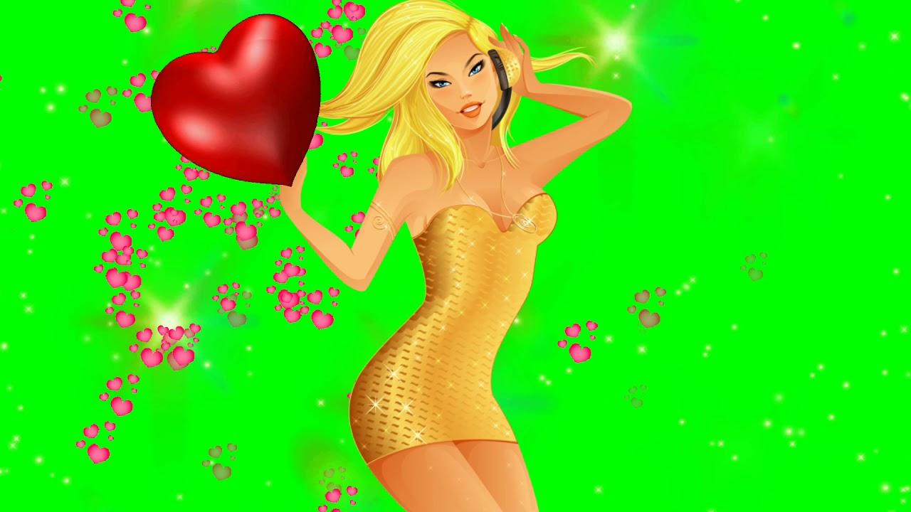 Animated sexy girl heart beating and raining hearts  green screen video copyright free for Youtubers