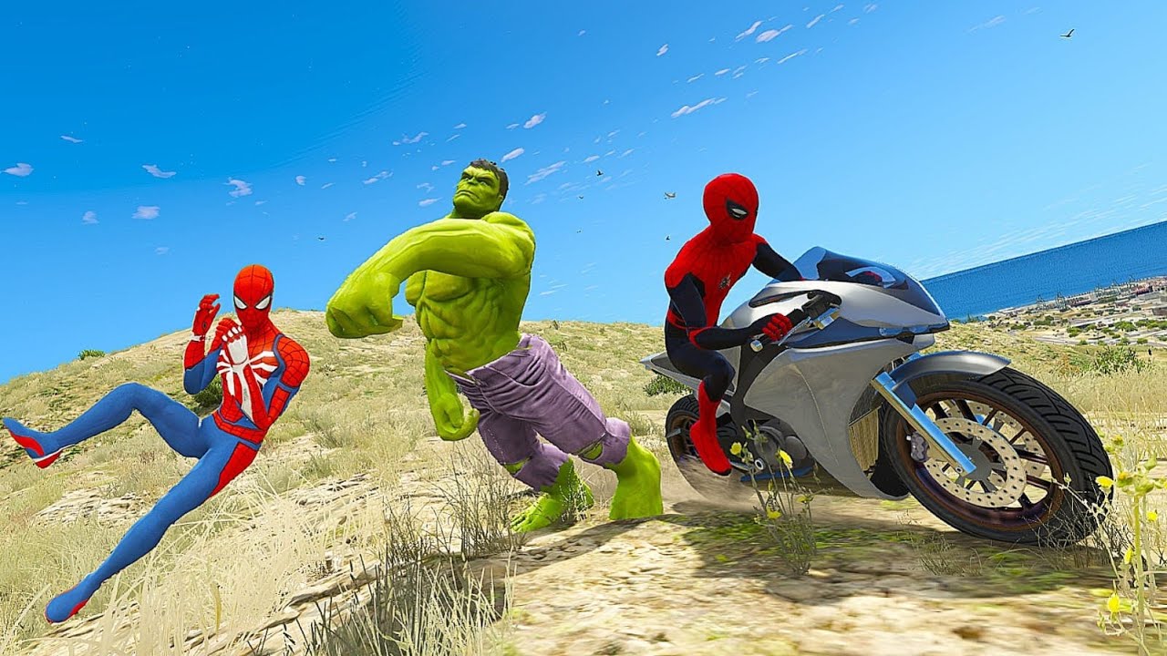 hombre araña y Spider-man Vs Hulk Ragdolls gta 5 se deslizan sobre montaña fallos SALTOS con MOTOS