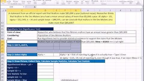 Excel 2010 Statistics 78: Hypothesis Testing Population Mean, P-value & Critical Value, 1 Tail Right