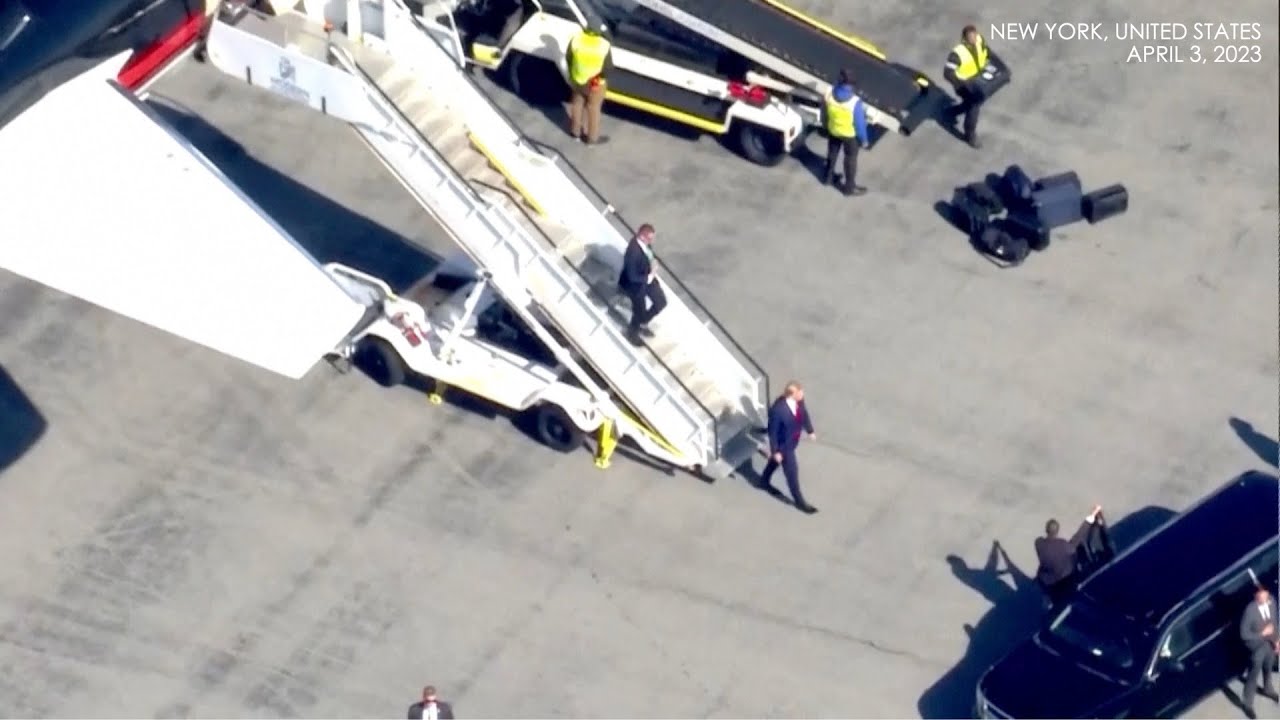 Aerials: Donald Trump arrives New York ahead of court hearing over hush ...