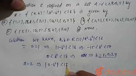 The relation R defined on the set A = {1, 2, 3, 4, 5} by R = {(a, b): |a^(2)-b^(2)|lt16} is give...