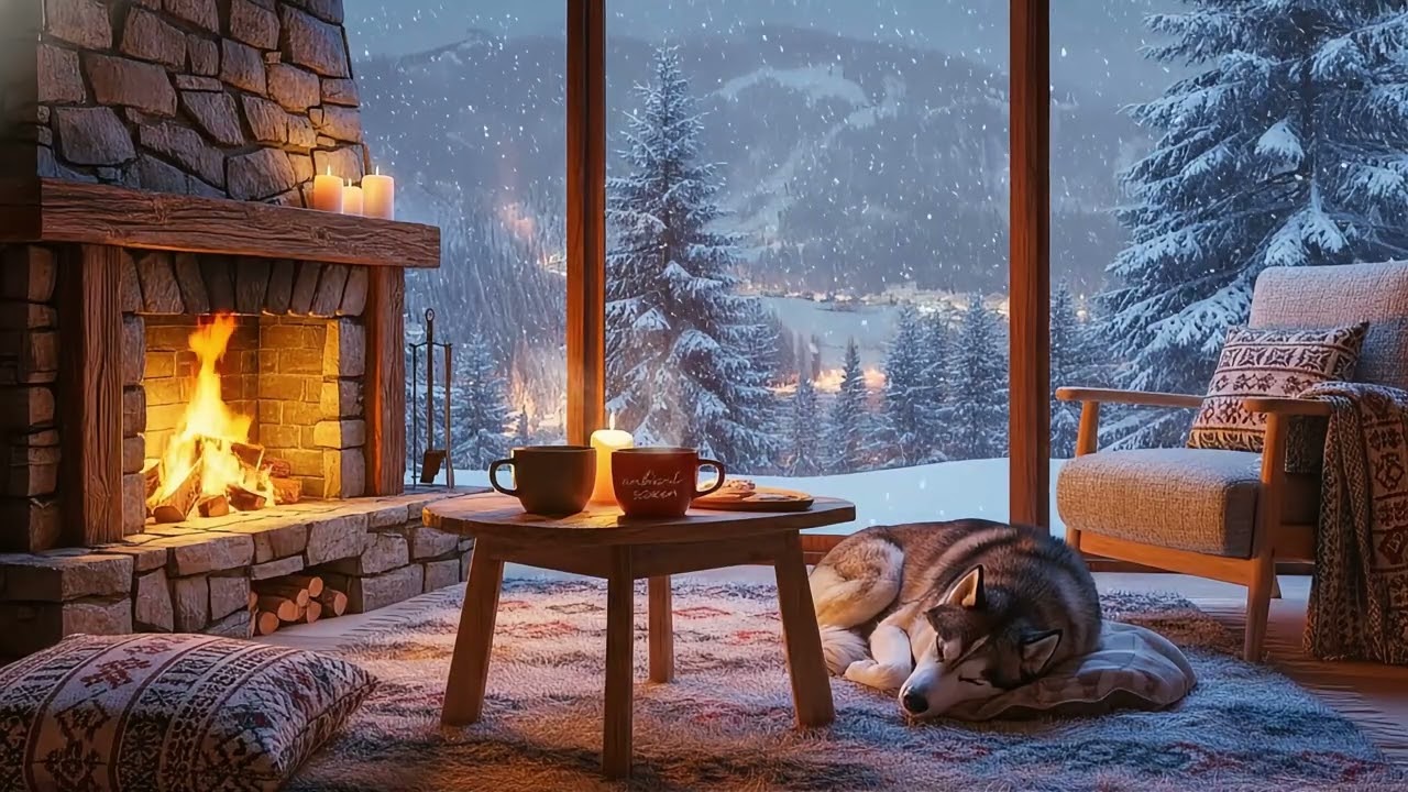 Snowfall Winter Ambience ❄️ Cozy Cabin with Lofi Music & Fireplace Sounds (4 Hours)