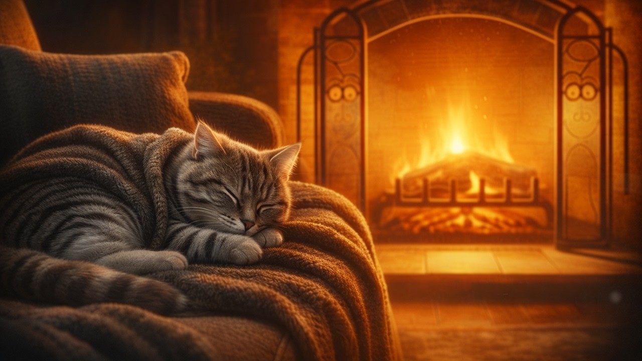 Deep Sleep Fireplace with Cat 🔥 10 Hours Real Crackling Fire Sounds