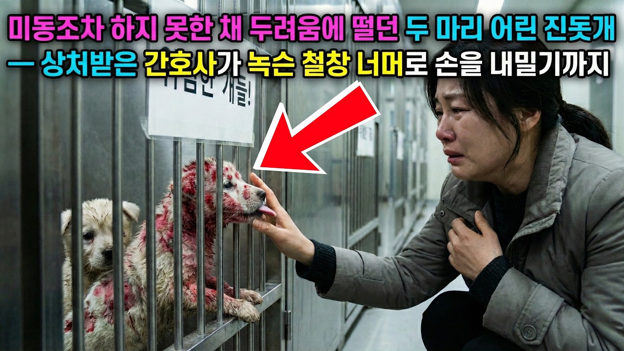 미동조차 하지 못한 채 두려움에 떨던 두 마리 어린 진돗개 — 상처받은 간호사가 녹슨 철창 너머로 손을 내밀기까지