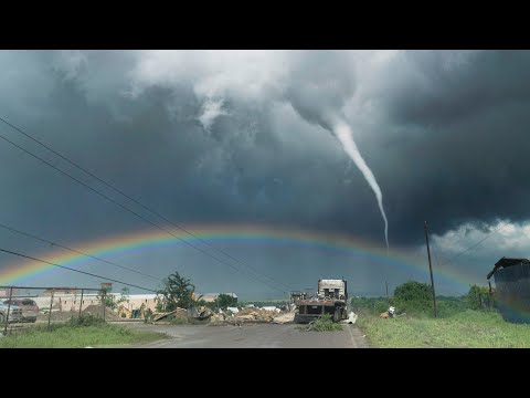 Unbelievable Tornado Footage with Rainbow & Blue Sky