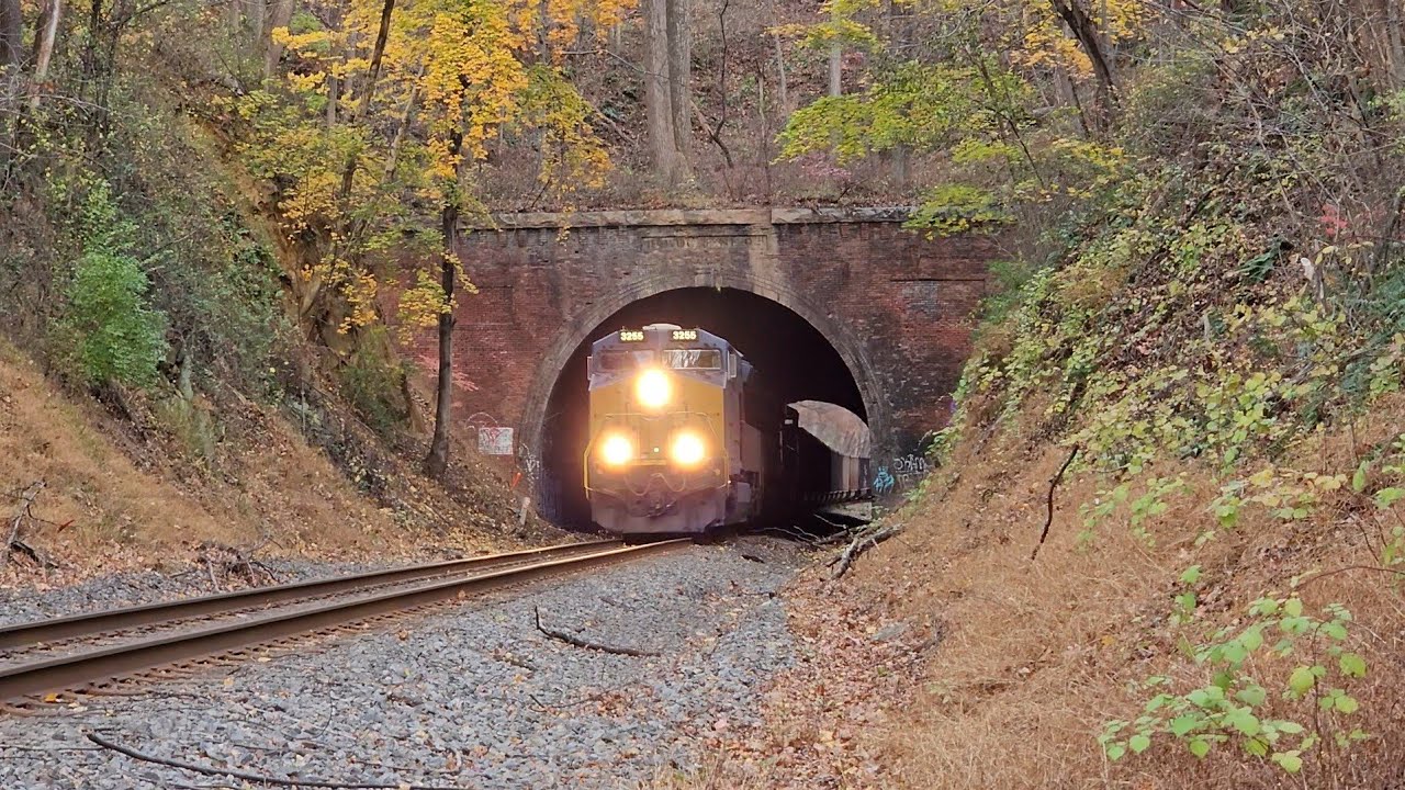 CSX coal train emerges from tunnel w/fall foliage