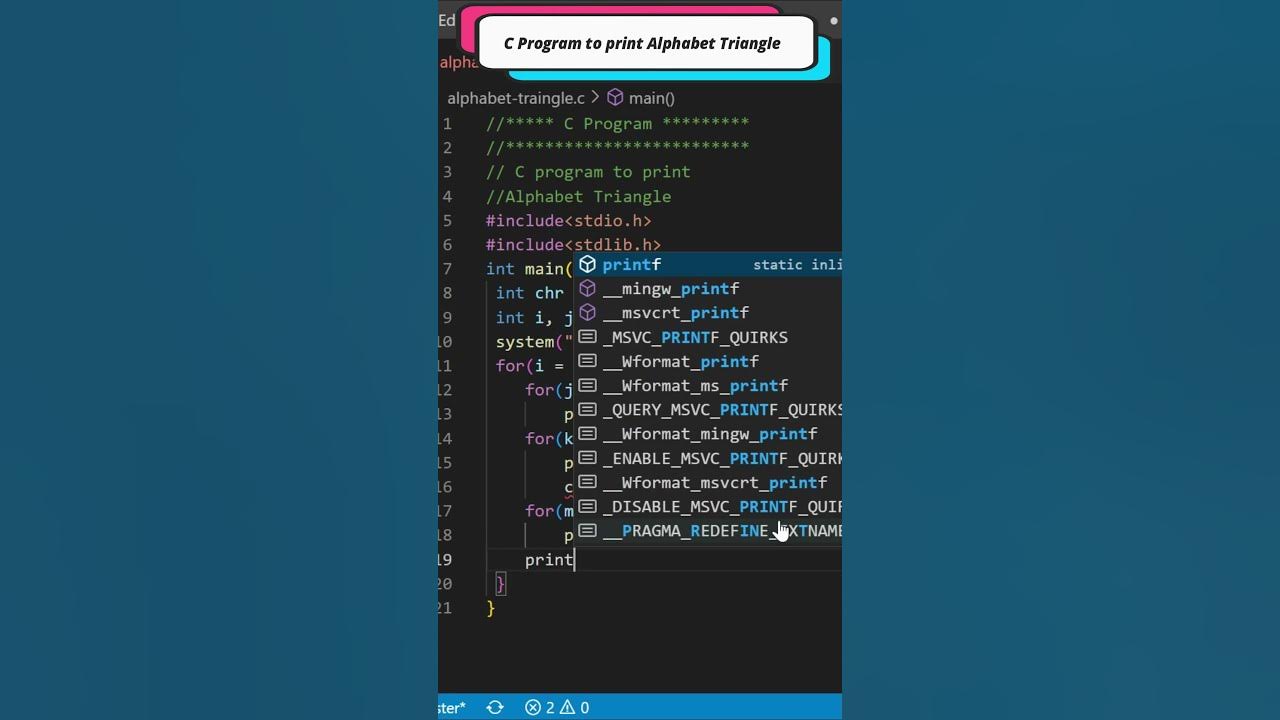C programming c program to print alphabet triangle youtube