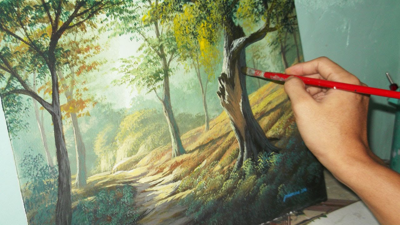 Acrylic Landscape Painting Lesson - Forest Trees by JMLisondra - YouTube