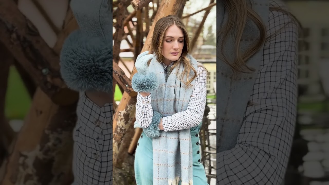 Women's Windowpane Scarf and Gloves with Faux Fur Cuffs