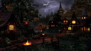 Calm Before the Storm Ambience with Medieval Village Night | Distant Thunder | Warm, Balmy & Windy