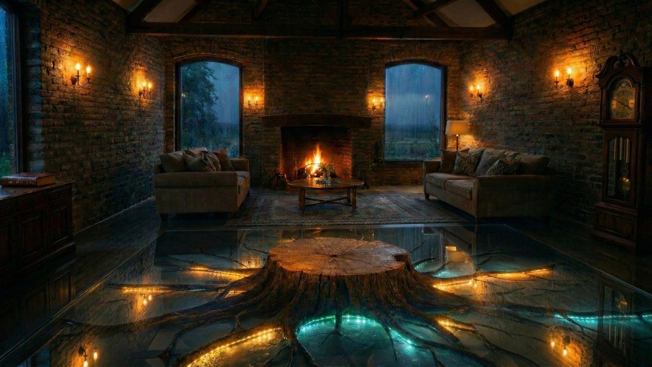 Cozy Cabin Ambience Rain & Thunder with Crackling Fireplace & Grandfather Clock Ticking