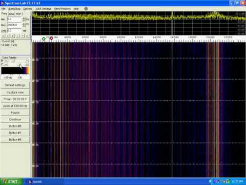 VLF Signal on 15.734 kHz - Horizontal Deflection from TV (NTSC) Very strong VLF (Very Low Frequency) signal on 15.734 kilohertz recieved with Spectrum Laboratory. The signal is the horizontal deflection of electron beams from TV sets. The antenna is a 200 foot antenna attached directly to the soundcard (no hardware amplifiers/filters). The software is Spectrum Laboratory available for download from www.qsl.net