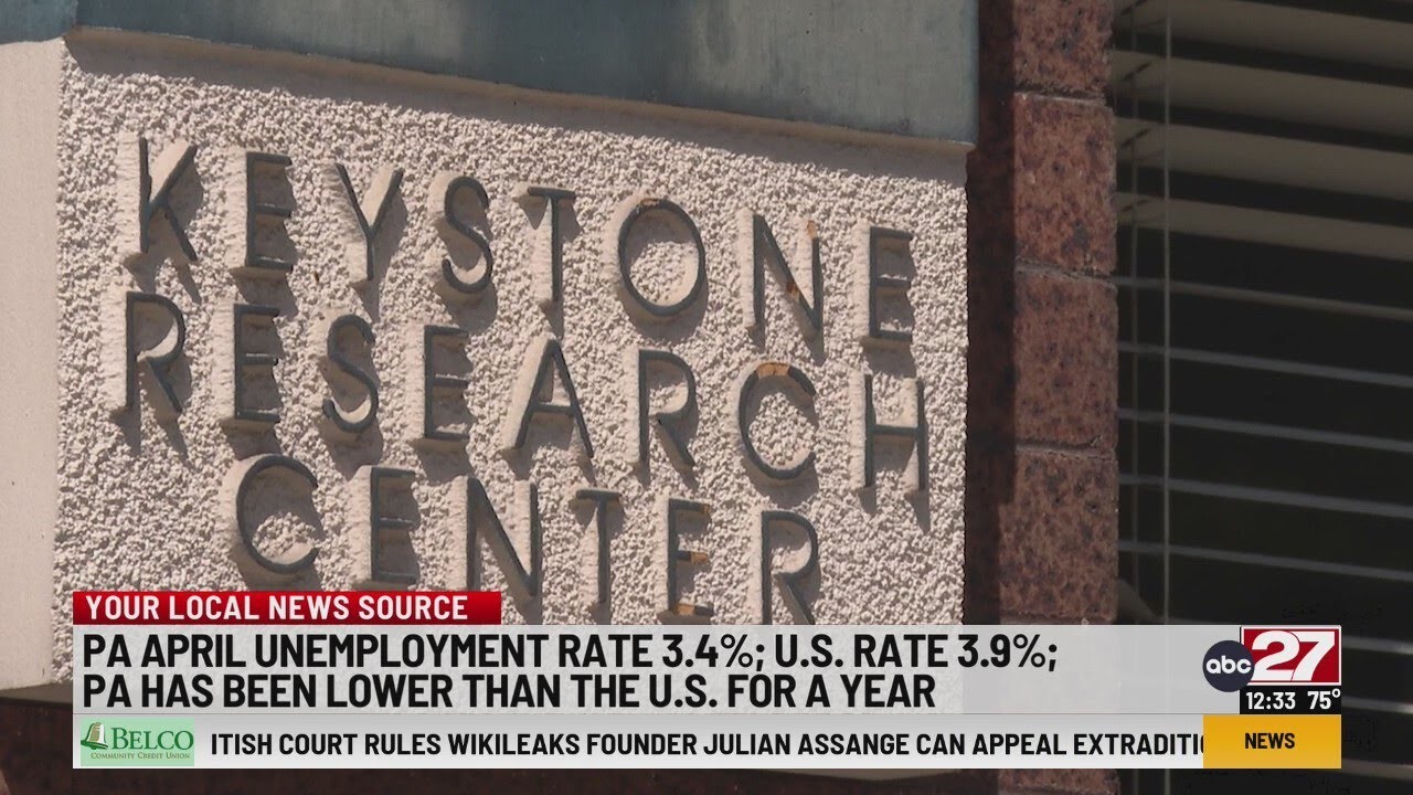 PA April unemployment rate 3.4; PA lower than national for a year