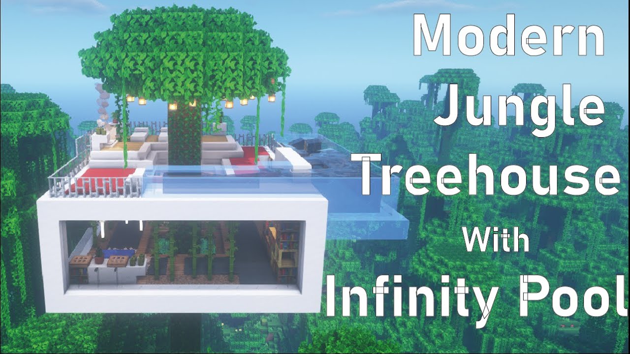 Dramatic minecraft house with pool and abstract trees