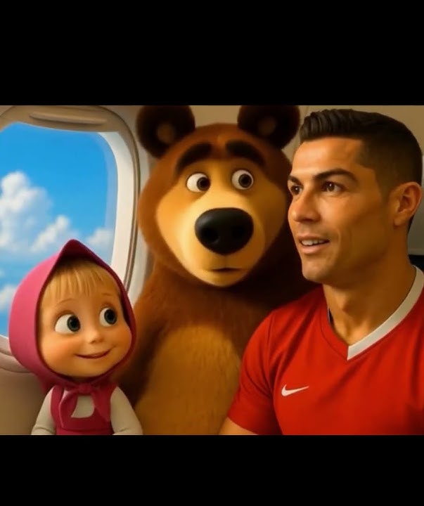 Masha, the Bear, and Cristiano Ronaldo are on an airplane.