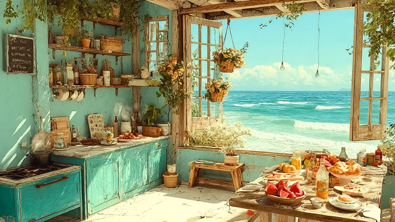 🍃Sunlit Beachside Kitchen 🌊🎧 Ocean Wave White Noise + Birds for Meditation, Work & Peace