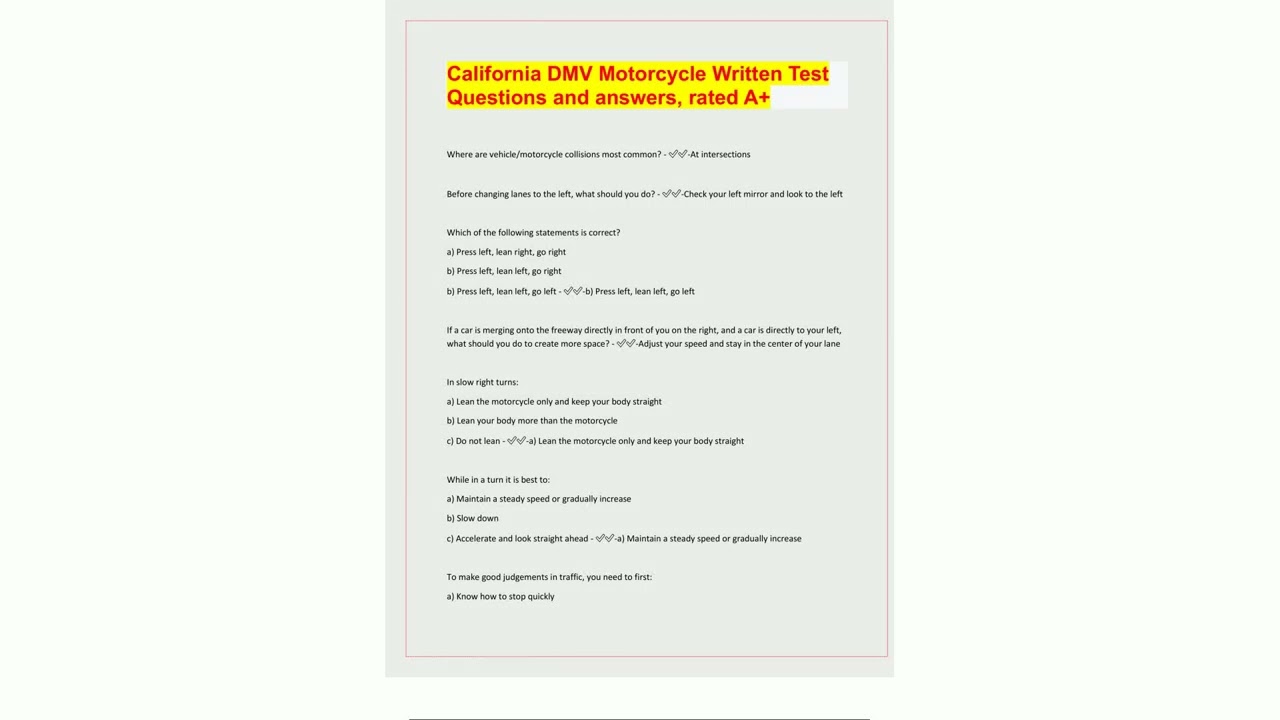 California DMV Motorcycle Written Test Questions and answers rated A Questions with 100 Correct Answ