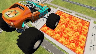 Cars vs Lava Pools Monster Truck, School Bus, Tank #23 – BeamNG.Drive
